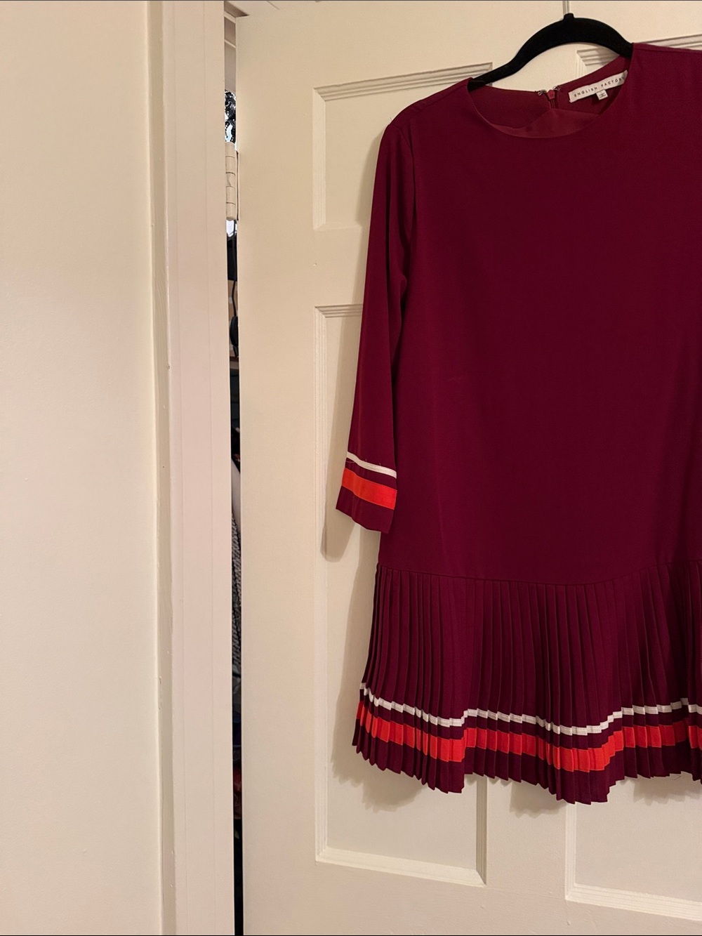 English Factory Burgundy Pleated Hem Dress with Red & White Trim